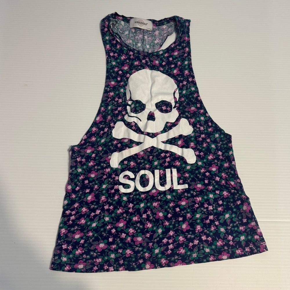 Soul Cycle Pink Floral Skull Twist Back Tank Top XS Edgy Boho Gym Muscle Tee